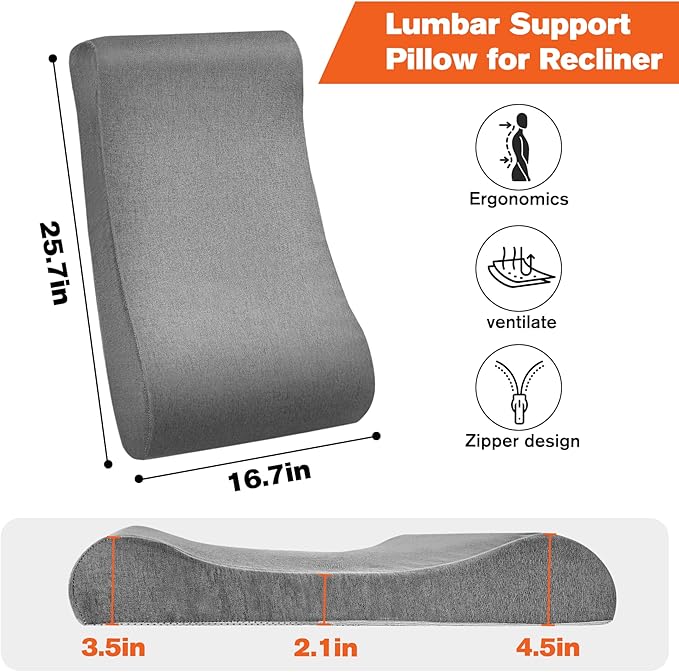 JZHLLA Recliner Neck and Lumbar Support Cushion for Recliner Couch & Glider Chair, Ergonomic S-Shaped Backrest Pillow, Breathable Cotton-Linen Foam, Non-Slip Backing, Removable Cover(Grey)