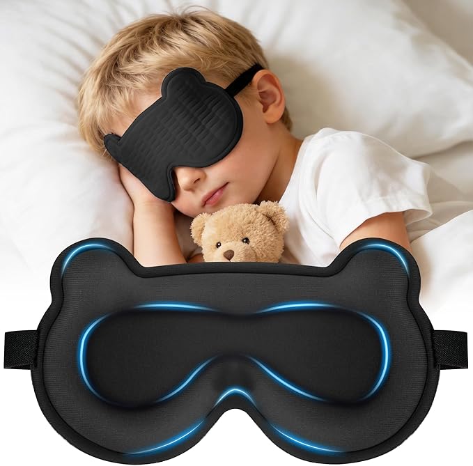 Kids Sleep Mask, 3D Sleep Mask for Kids with Adjustable Elastic Strap, Soft Comfortable Eye Mask for Children, Blackout Travel Kid Sleeping Mask for Ages 5-15 Boys Girls (Black)