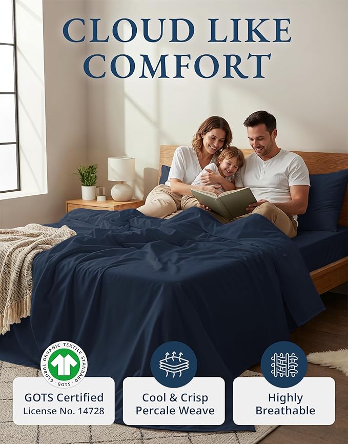 LANE LINEN Eco Friendly 100% Organic Cotton Fully Elasticized Full Sheet Set, Low Pilling Fade Resistant Machine Washable Naturally Cooling Full Bed Sheets, Soft & Comfy Cotton Bedding- Navy