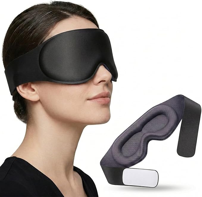 3D Sleep Mask for Men Women, 100% Blackout Contoured Eye Mask, Soft Memory Foam Blindfold with Adjustable Hook and Loop Strap, Pressure-Free Eye Cover for Side Sleeper, Travel & Yoga (Black)