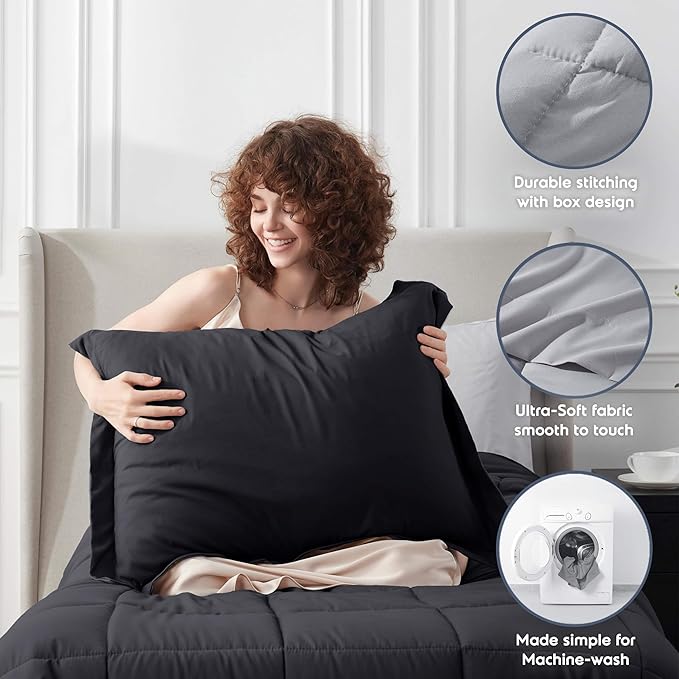 Nestl 7 Piece Twin XL Comforter Set – Black Reversible Bed in a Bag – Complete Twin XL Size Bedding Set with Sheets, Set of 2 Cooling Pillows, Pillowcase and Sham