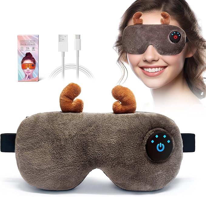 Cordless Heated Eye mask,Cute Sleep Eye mask for Women,USB Rechargeable Heating Eye pad with Battery Indicators,Warm Eye Compress for Relief Dry Eyes,Stye,Electric Christmas Gift (Brown)
