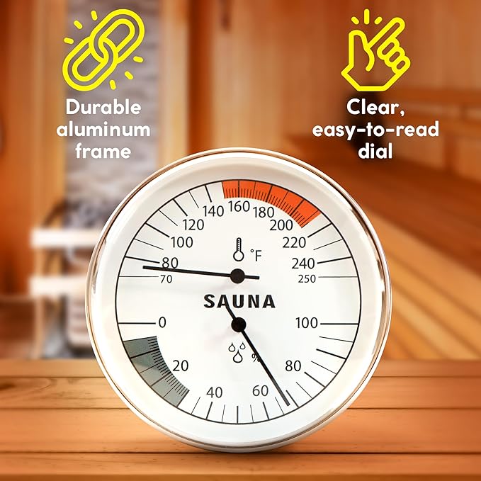 Sauna Thermometer and Hygrometer, Mechanical Humidity and Temperature Gauge, Aluminum Frame Wall Mounted for All Saunas, Sauna Accessories, Range 70–250°F (20–120 °C), 0–100% RH