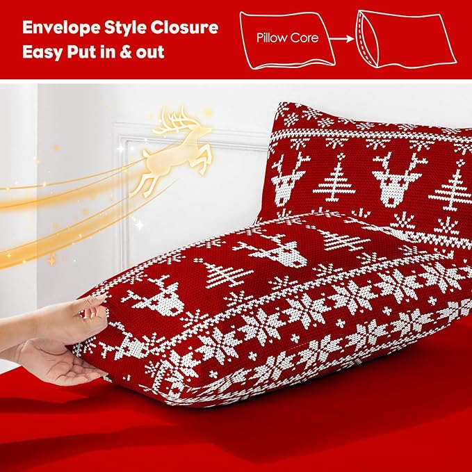 YIYEA Christmas Pillow Cases Standard Size Set of 4, Ultra Soft Double Brushed Microfiber Red Pillowcases and Christmas Reindeer Pillow Covers, Envelope Closure, Fade Resistant (20"x26")