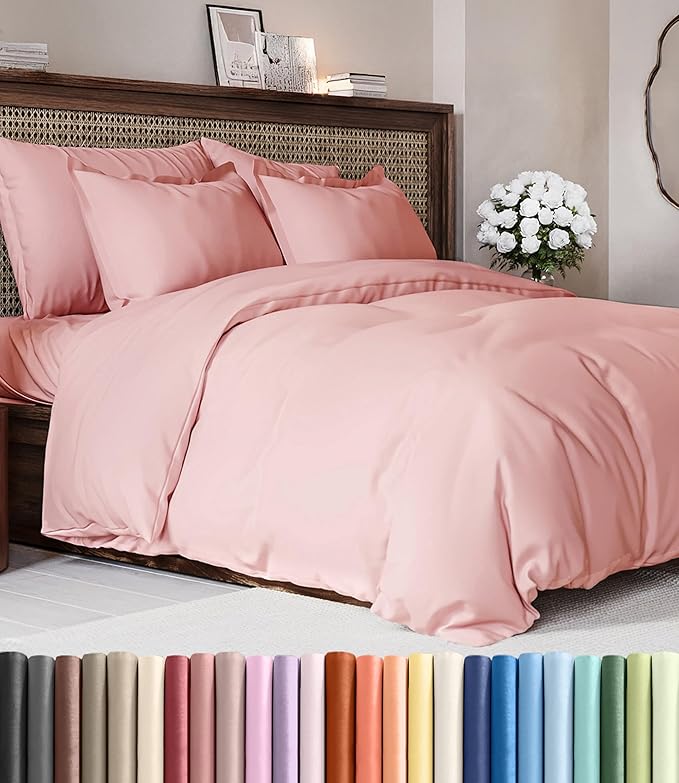 Duvet Cover Full Size Set - Extra Soft Full Duvet Cover 80" x 90" with 2 Pillow Shams - Hotel Luxury, Easy Care & Fade Free w/ Zipper Closures & Ties - All Season, Comfy, Cozy & Breathable (Baby Pink)