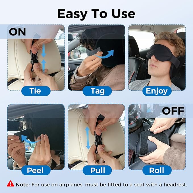 360° Head Support Travel Pillow with Sleep Mask, 2-in-1 Adjustable Headrest Neck Pillow with Eye Mask for Airplane, Car, Office, Light Blocking Sleep Mask for Men Women, Black