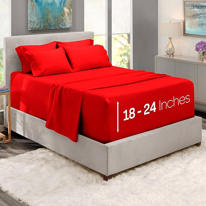 Hearth & Harbor Extra Deep Pocket Sheets - Fits Mattress 18-24 Inches Deep - Extra Deep Pocket Full Size Sets - 6 Piece Full Size - Full - Cherry Red