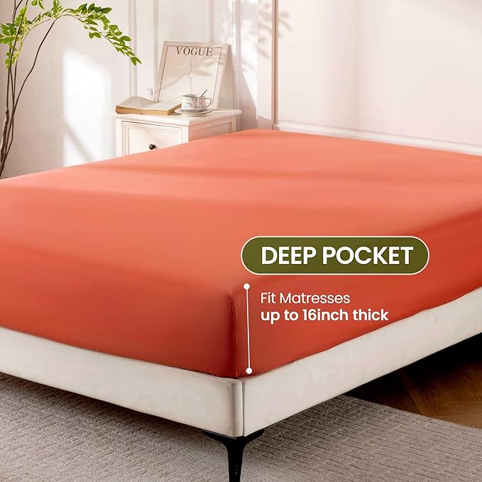 ROSE&RISY Orange Red Queen Sheet Set, 4 Pieces Soft Bedding Queen Sheet Set, Breathable and Cooling Sheet Bed Set,Includes 1 Fitted, 1 Flat, 2 Pillow Cases - Deep Pocket (Orange Red, Queen Size)