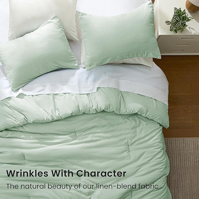 Love's cabin Twin/Twin XL Comforter Set Light Green, 2-Piece 90% Polyester 10% Linen Blend Bedding Set, Linen-Look Textured Stripe, Down Alternative All-Season Comforter with Pillow Sham | Soft, Breathable, Lightweight