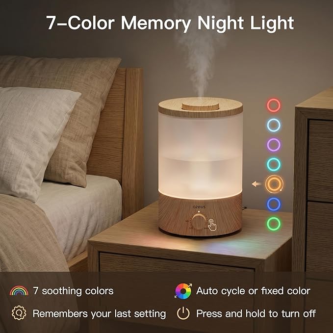 AZEUS 3.5L Ultrasonic Humidifier with 7-Colour Night Light, Aroma Diffuser Compatible Cool Mist Humidifier, Quiet & Adjustable for Bedroom, Nursery, Office