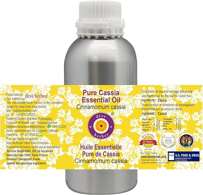 Deve Herbes Pure Cassia Essential Oil (Cinnamomum Cassia) Steam Distilled 630ml (21 oz)