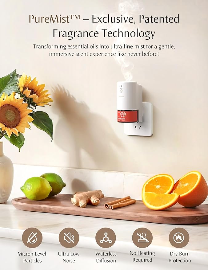 Essential Oil Diffuser for Home, Smart Waterless Aromatherapy Diffuser SF101S Pro, Plug in Room Scent with Timer & 120-Day Natural Aroma – Free 30ml Bitter Orange Leaf(Khaki Green)