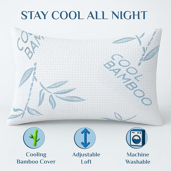 OMEO 2 Pack Bamboo Pillow Queen Size for Sleeping, Hypoallergenic Cooling Shredded Memory Foam Bed Pillows for Side, Back and Stomach Sleepers, Adjustable Loft and Washable Cover 20" x 30"