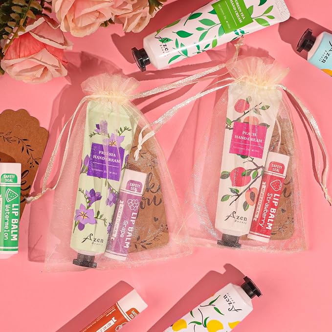 AZEN 120 Sets Bulk Gifts, Hand Cream and Lip Balm Bulk Set with Organza Bag Thank You Card, Baby Shower Wedding Gift for Guests, Bridal Wedding Favors for Guests, Mothers Day Gifts Stocking Stuffers