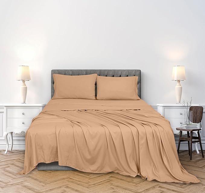 ROYALE LINENS 300 Thread Count 100% Long Staple Combed Cotton Sheet Set - 4 Piece King Bed Sheets - 1 Fitted, 1 Flat & 2 Pillow Cases - Soft Cool & Crisp Sheet Set (King, Sand)