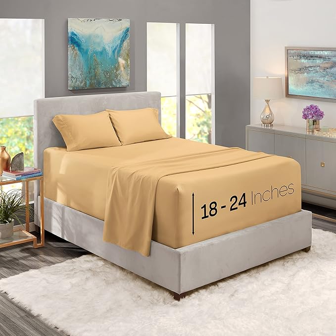 Nestl Twin XL Size Sheet Set, 4 Piece Extra Deep Pocket (18-24 inches), Microfiber, Hotel Luxury, Soft, Breathable, Wrinkle-Free, Easy to Care, Camel Gold