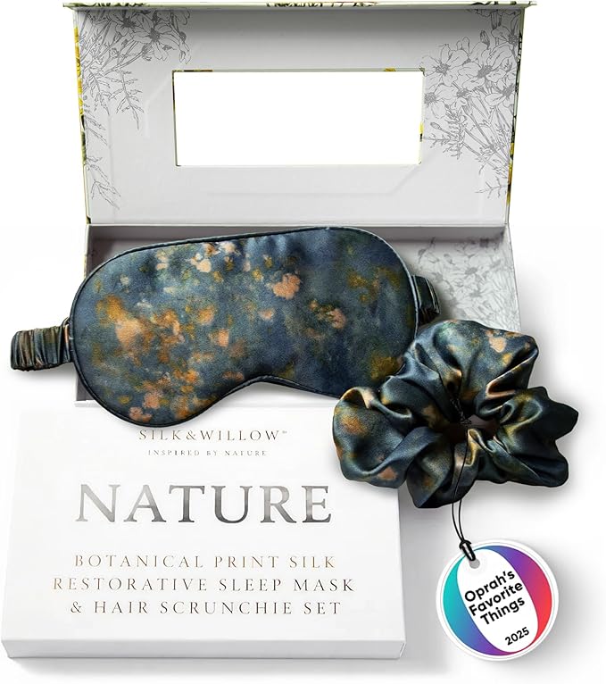 SILK & WILLOW - Botanical Print Pure Mulberry Silk Eye Mask & Scrunchie Gift Set, Luxurious Sleep Eye Mask & Hair Accessory Bundle, Durable Nature-Considerate Wellness Gifts for Women, Midnight