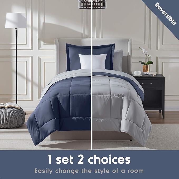 Nestl 7 Piece Twin Comforter Set – Navy Reversible Bed in a Bag – Complete Twin Size Bedding Set with Sheets, Set of 2 Down Alternative Pillows, Pillowcase and Sham