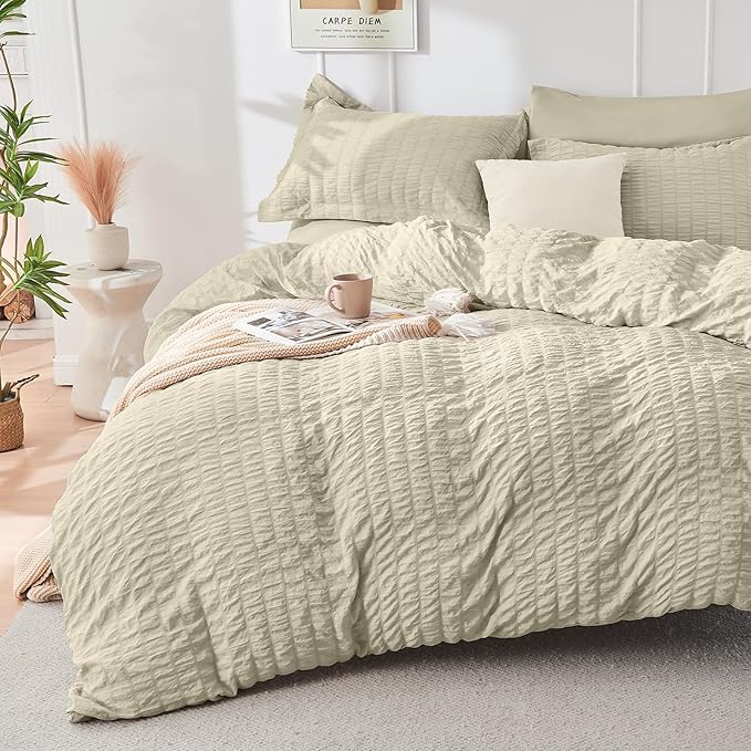 HYMOKEGE Light Linen Full Size Comforter Sets Seersucker 7 Pieces, All Season Luxury Bed in a Bag for Bedroom, Bedding Set with Comforter, Sheets, Pillowcases & Shams