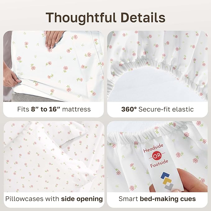 California Design Den Soft 100% Cotton Full Size Bed Sheets Set, 400 Thread Count Good Housekeeping Award Winner, Smooth Sateen Finish with Deep Pockets, Cozy & Durable Full Bedding Set - Soft Floral