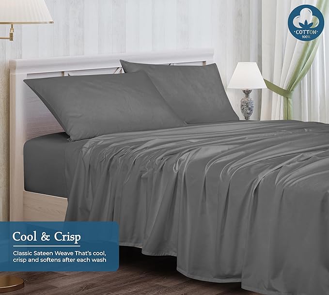 ROYALE LINENS 400 Thread Count 100% American Grown Cotton 4 Piece Sateen Full Sheet Set - 1 Fitted Sheet, 1 Flat Sheet, 2 Pillow case - Grey Full Bedsheet - Cotton Sheets - (Full, Spanish Slate)