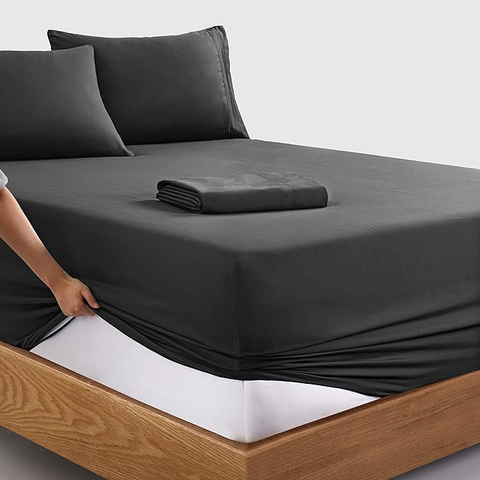 Manyshofu Extra Deep Pocket Queen Sheet Sets - Hotel Luxury 1800 Thread Count Sheets & Pillowcases - Microfiber Bed Set up to 24" Mattress - Charcoal Grey Bed Sheets 18-24 Inch Deep Pockets - 4 Piece
