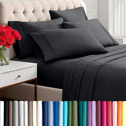 Bare Home Hotel Luxury Split Head Flex King Sheet Set, Extra Soft, Deep Pockets, Easy Fit, Cooling & Breathable, Wrinkle, Fade, Stain Resistant, with 4 Pillowcases (Split Head Flex King, Black)