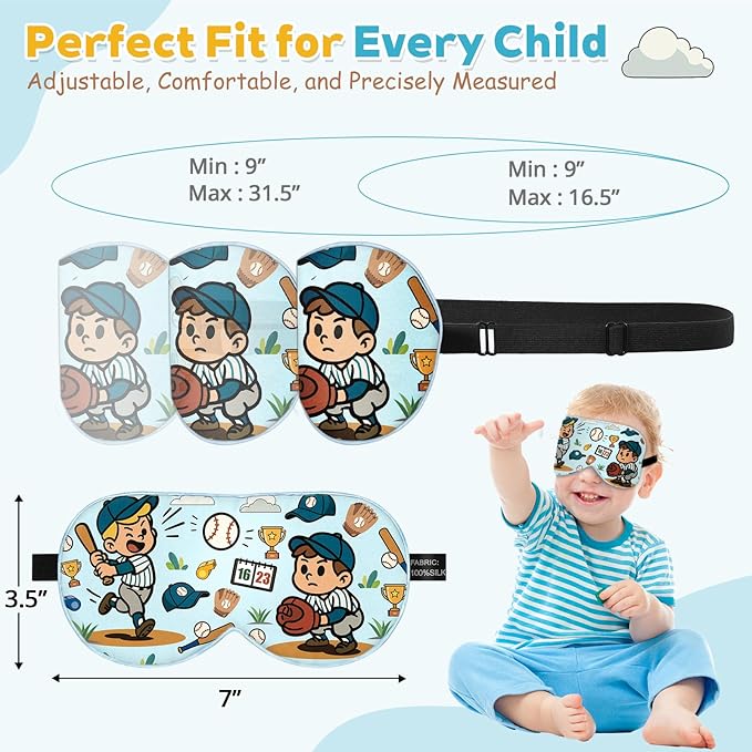 Kids Silk Sleep Mask – 100% Mulberry Silk Eye Cover, Kid Eye Mask with Adjustable Strap, Soft & Breathable Blackout Sleeping Mask for Boys and Girls Ages 5-15 (Baseball Style)