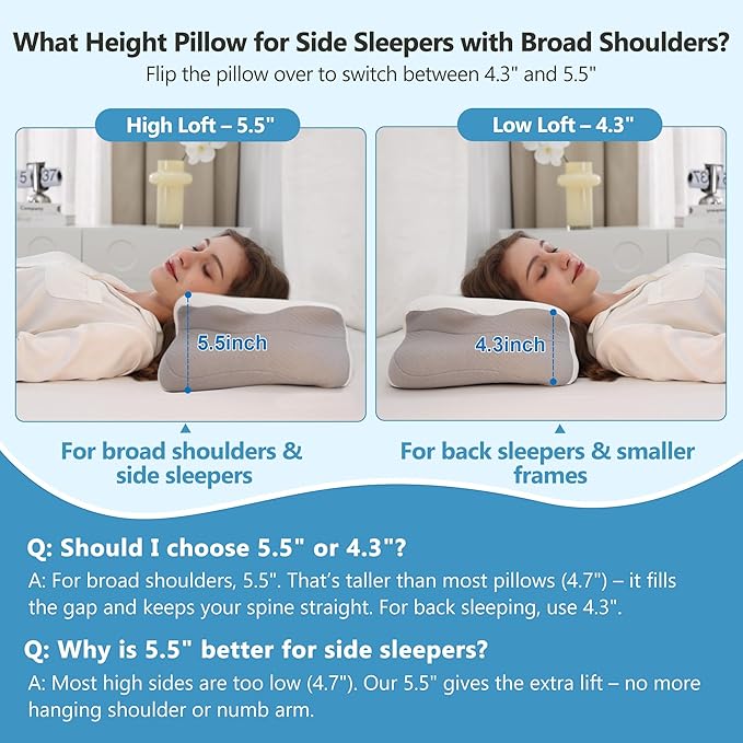 Cervical Pillow for Neck Pain Relief, 5.5"/4.3" Dual Loft Queen Size Memory Foam Pillow for Side, Back Sleepers with Broad Shoulders, Orthopedic Contour with Cooling Cover, Medium Firm, White