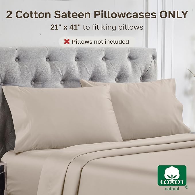 California Design Den Pillow Cases King Size Set of 2-1000 Thread Count Sateen, Soft and Thick 100% Cotton King Pillowcases, Durable - Beige (Sand Tone)