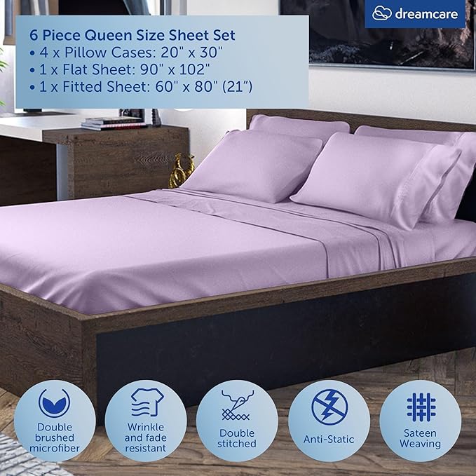 DREAMCARE Queen Sheet Set - 6 pcs Breathable Cooling Bed Sheets - up to 21" Extra Deep Pocket Queen Sheets Set with Side Pockets - Extra Soft 100% Brushed Hypoallergenic Hotel Luxury Bedding -Lavender