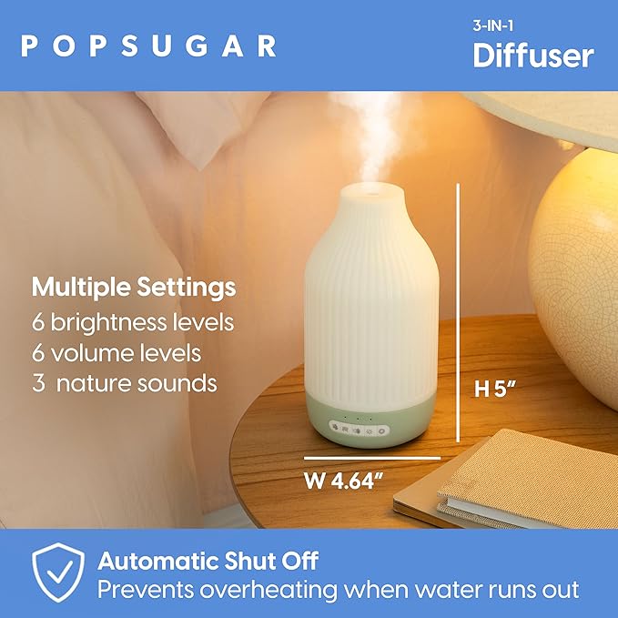 POPSUGAR 3-in-1 Aromatherapy Essential Oil Diffuser for Rooms and Home, Humidifier with Light and Natural Sound Settings, Auto Shut Off