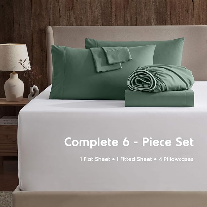 Nestl Extra Deep Cal King Sheet Set - 6 Piece Breathable & Cooling Sheets - Hotel Luxury Bedding Set w/18-24 Inch Deep Pockets - Easy & Secure Fit - Super Soft, Wrinkle Free & Comfy - Dark Green