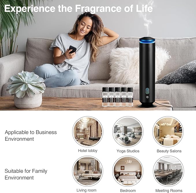 Upgraded Waterless Scent Diffuser Starter Kit - 1500 Sq Ft Coverage, Scent Diffuser for Home, Hotel, Studio, Essential Oil Diffuser Large Room, 7 Mood Lights Setting, 5 Essential Oils Included