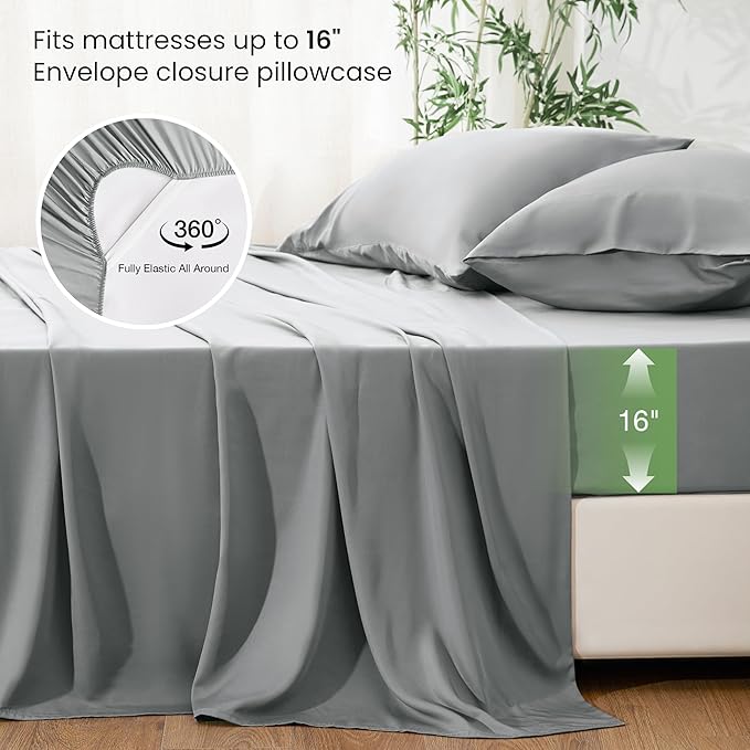 Love's cabin 4 Piece Queen Sheet Set, 100% Rayon Derived from Bamboo, Cooling & Breathable, Soft Silky Deep Pocket up to 16", Hotel Luxury Bedding for Hot Sleepers, Light Grey