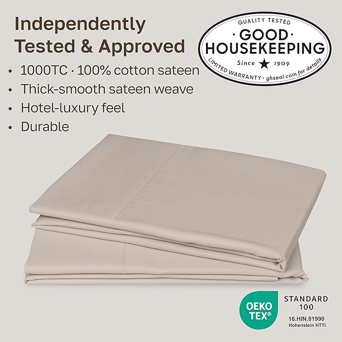 California Design Den Pillow Cases Queen Size Set of 2-1000 Thread Count Sateen, Soft & Thick 100% Cotton Pillowcases Standard/Queen, Durable - Beige (Sand Tone)