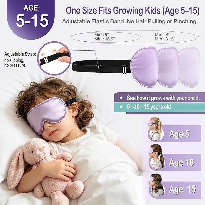 Kids Sleep Mask Eye Cover, Silk Sleeping Mask for Kids, Soft Blackout Blindfold Eye Mask with Adjustable Strap & Laundry Bag for Easy Washing, Gift for Girls Boys Ages 5-15 (Purple)