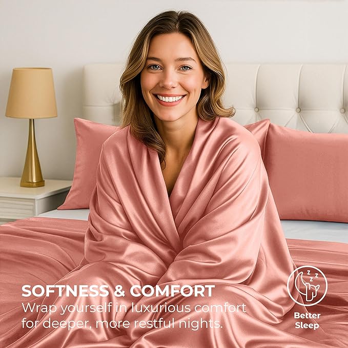 Satin Sheets King [4-Piece, Blush Pink] Hotel Luxury Silky Bed Sheets - Extra Soft 1800 Microfiber Sheet Set, Wrinkle, Fade, Stain Resistant - Deep Pocket Fitted Sheet, Flat Sheet, Pillow Cases