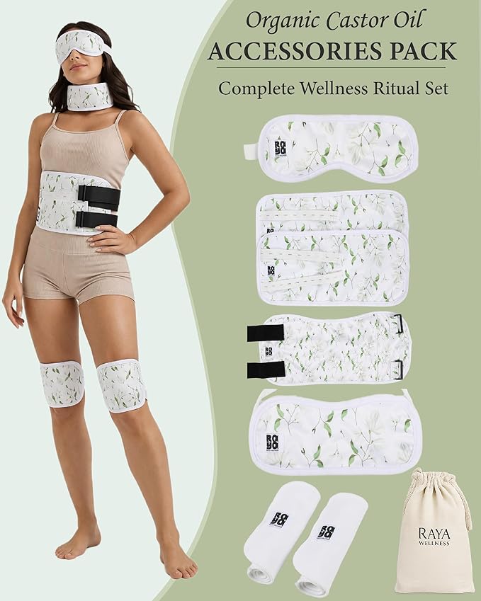 Organic Cotton Castor Oil Accessories Kit - 7 Piece Set (Eye, Knee, Neck, Liver Packs & Flannel)