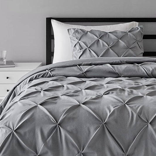 Amazon Basics 2 Piece Soft, Lightweight Down-Alternative All-Season Comforter and Bedding Set, Pinch Pleat, Twin/TwinXL, Dark Grey