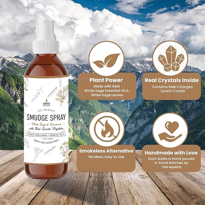 SOUL STICKS Aroma Smudge Kit | Gift Set with Little Smudgies Candles, Smudge Spray, Essential Oil and 2 Selenite Wand in White Gift Box (Cinnamon)