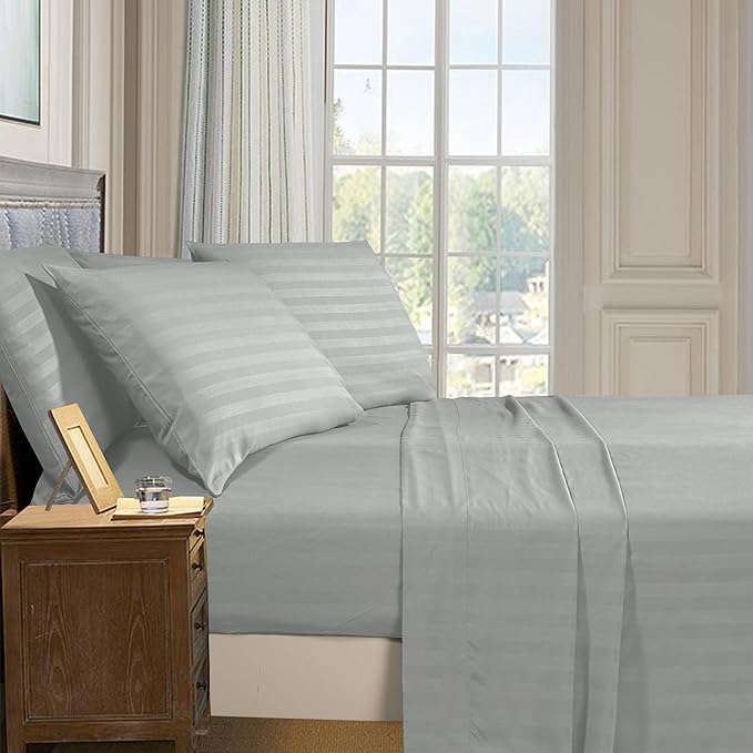 Elegant Comfort Softest and Coziest 6-Piece Sheet Set - 1500 Premium Hotel Quality Microfiber - Deep Pocket, Wrinkle Resistant 6-Piece Damask Stripe Bed Sheet Set, King, Silver