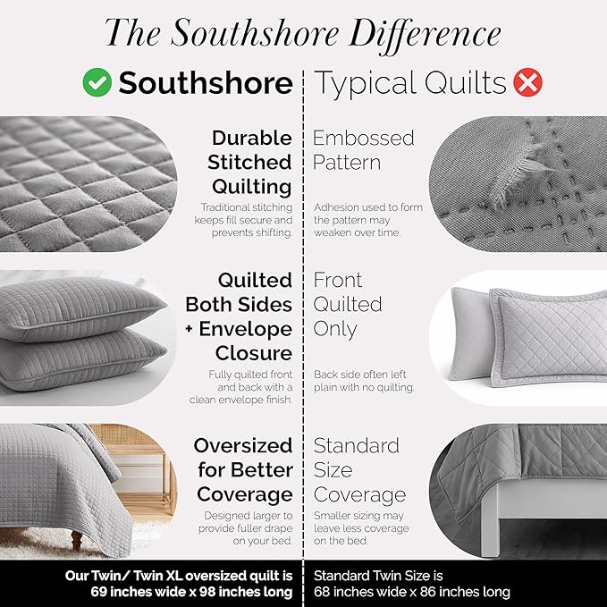 Southshore Fine Living, Inc. Twin XL Quilt Set, Dorm Room Bedding Essentials, Hotel Quilt, Soft Bedspread Twin XL Grey Quilt Bed Spread with Pillow Sham, Vacation Rental Quilt, Steel Grey Quilts