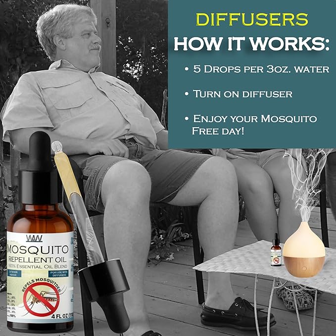 W4W Mosquito Oil - 100% Essential Oil Blend - 4 Oz - Mosquitoes, Gnats & Other Flying Insects - for use with Diffusers, Sprays, Lotions, & Soaps - 4 Ounce Dropper Bottle