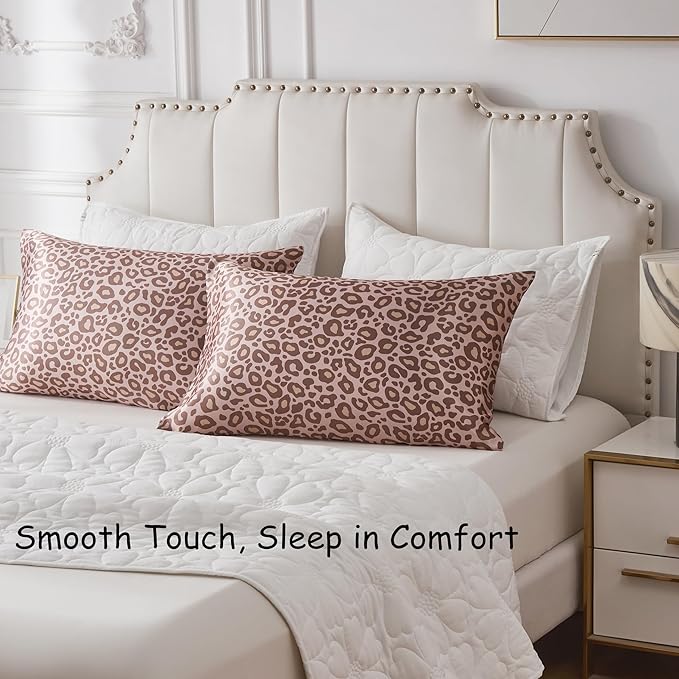 Satin Pillowcase for Hair and Skin, Soft and Cooling Similar to Silk Pillow Cases 2 Pack with Envelope Closure Standard Size Satin Pillow Covers, Gift for Women(20"x26", Leopard, Pink)