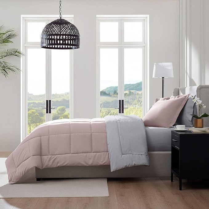 Nestl 7 Piece Twin XL Comforter Set – Blush Pink Reversible Bed in a Bag – Complete Twin XL Size Bedding Set with Sheets, Set of 2 Down Alternative Pillows, Pillowcase and Sham