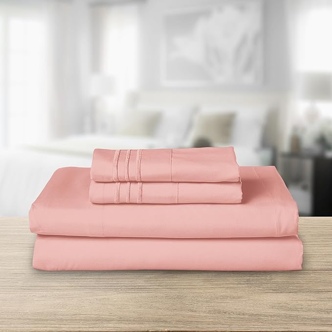 Elegant Comfort Luxurious 1500 Premium Hotel Quality Microfiber Three Line Embroidered Softest 4-Piece Bed Sheet Set, Wrinkle and Fade Resistant, Queen, Dusty Rose