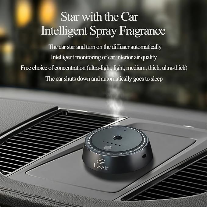 LuvAir Smart waterless car Aroma Diffuser Set, Adjustable Ultra Sonic-Mist Technology, Rechargeable, 100% Natural Fragrance, Aromatherapy Oil Scent Included (Metallic, Bloom Flux)