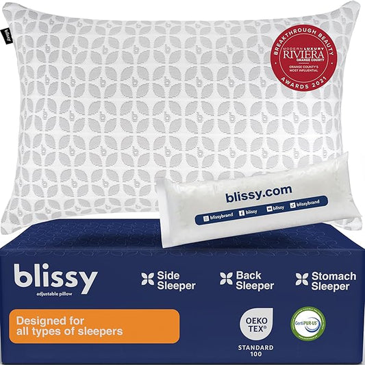BLISSY Adjustable Memory Foam Pillow for Sleeping (King Size) - Cooling Gel Pillows for Side Sleepers with Shredded Foam for Customizable Loft - CertiPUR-US & Oeko-TEX