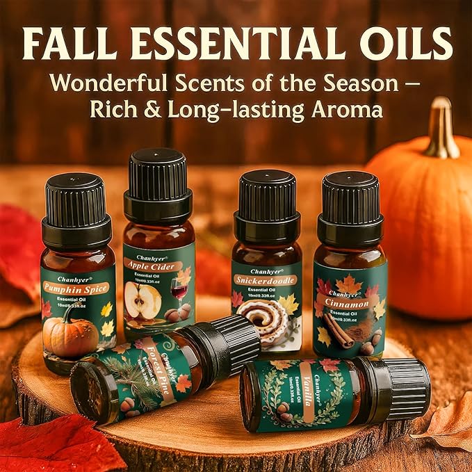 Fall Essential Oils Set 6 x 10ml-Pumpkin Spice, Apple Cider, Snickerdoodle, Vanilla, Cinnamon, Pine,Autumn Fragrance Oils for Diffuser, Home Scenting and Seasonal Gifts